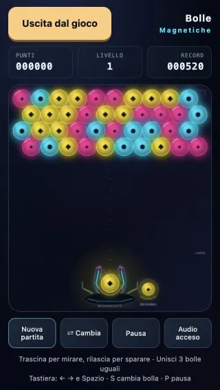Bolle Magnetiche, puzzle arcade con bolle neon, mira e lanci