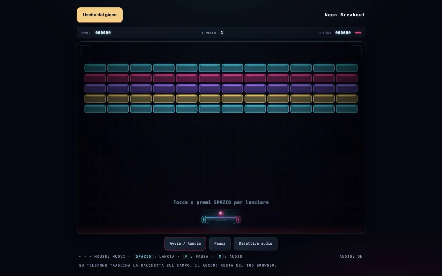 Neon Breakout, gioco arcade con racchetta e mattoni luminosi