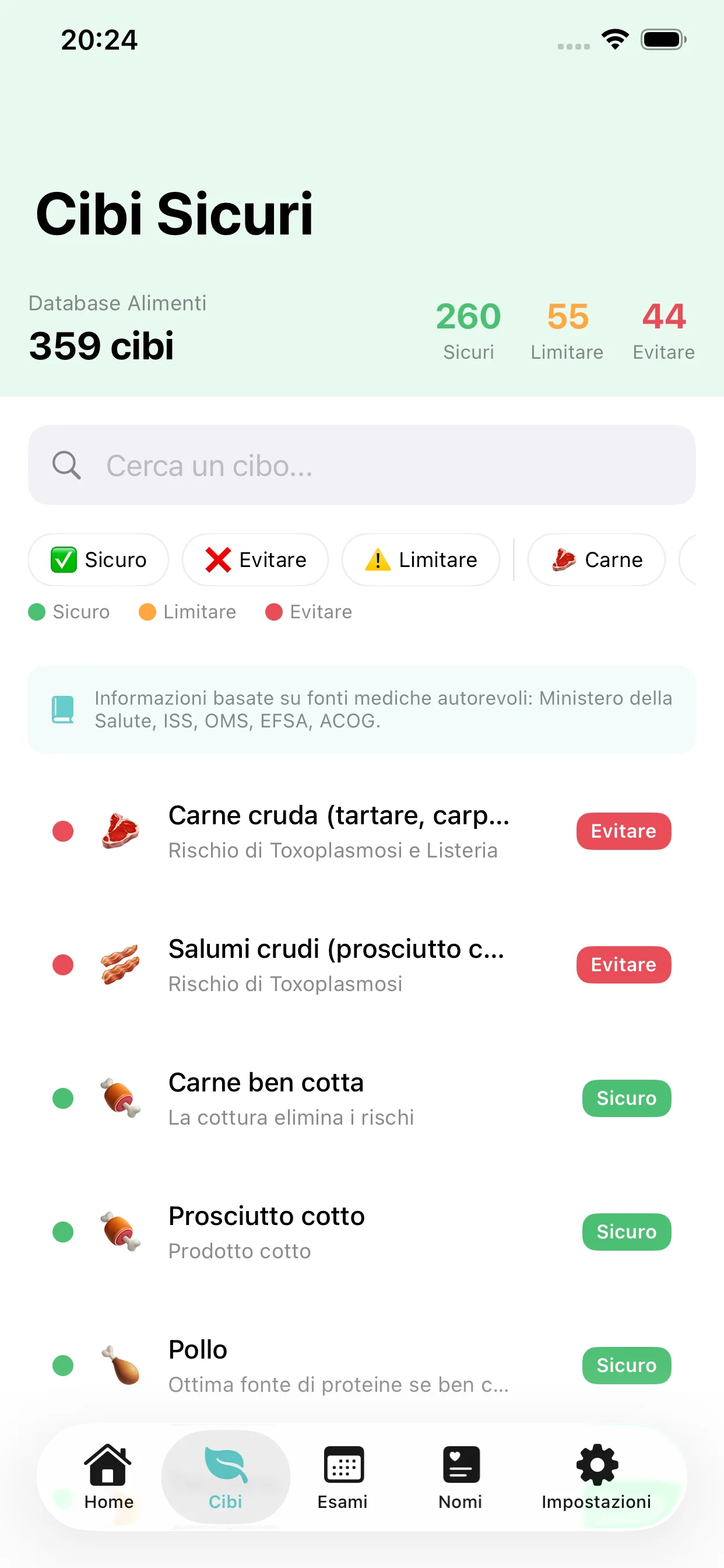 Mamma AI: schermata della guida agli alimenti in gravidanza