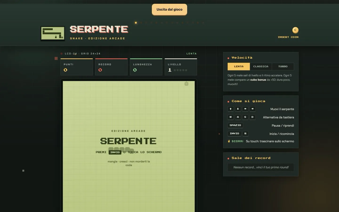 Serpente, gioco Snake con display rétro, punteggio e tre velocità