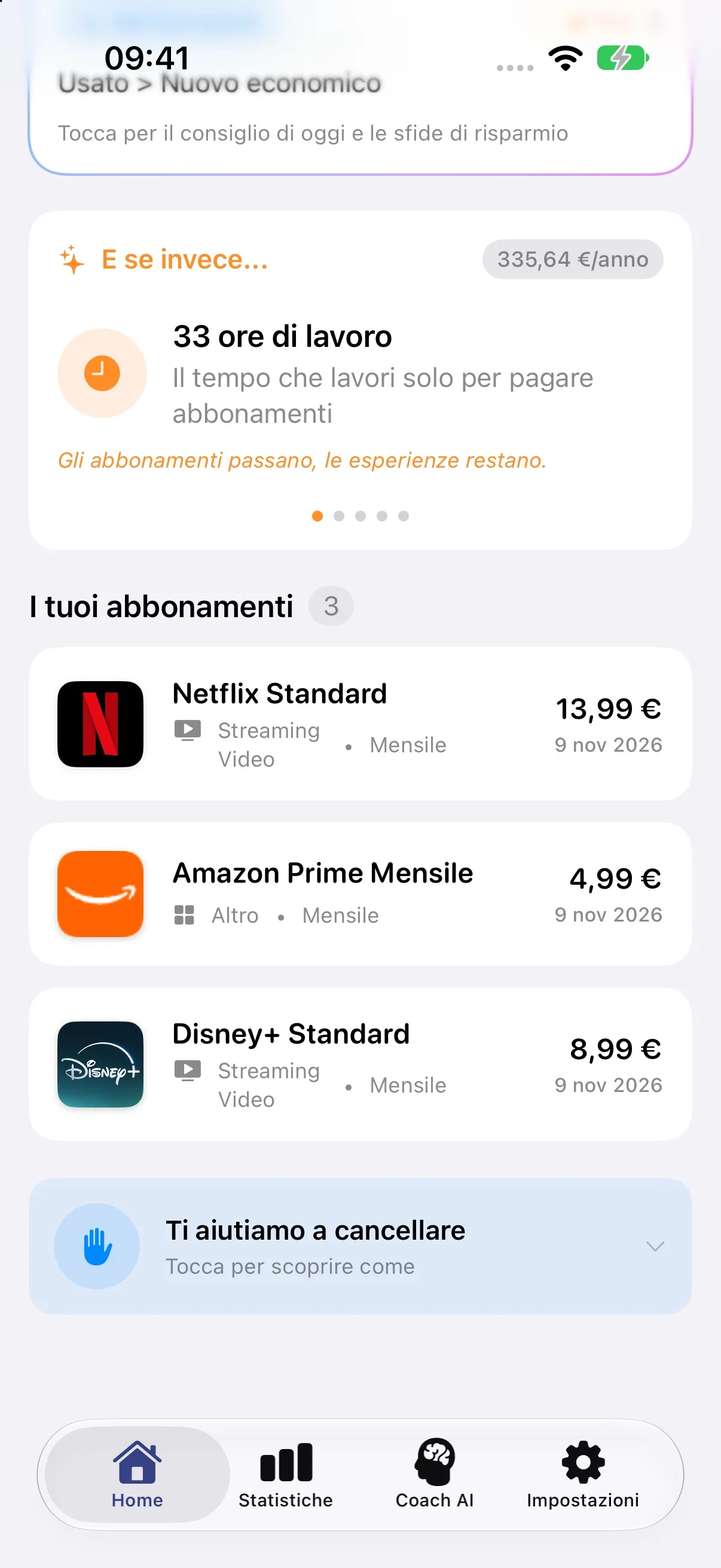 Subly: Home con abbonamenti di esempio a Netflix, Amazon Prime e Disney+
